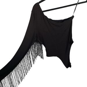 Shein Western Body Suit Womens Small Black‎ One Shoulder Fringe Cowgirl Festival